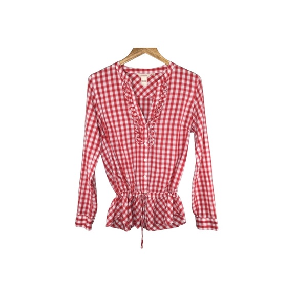 Sundance Blouse XS Red Plaid Check Prairie V Neck Button Front Flannel - Picture 2 of 6